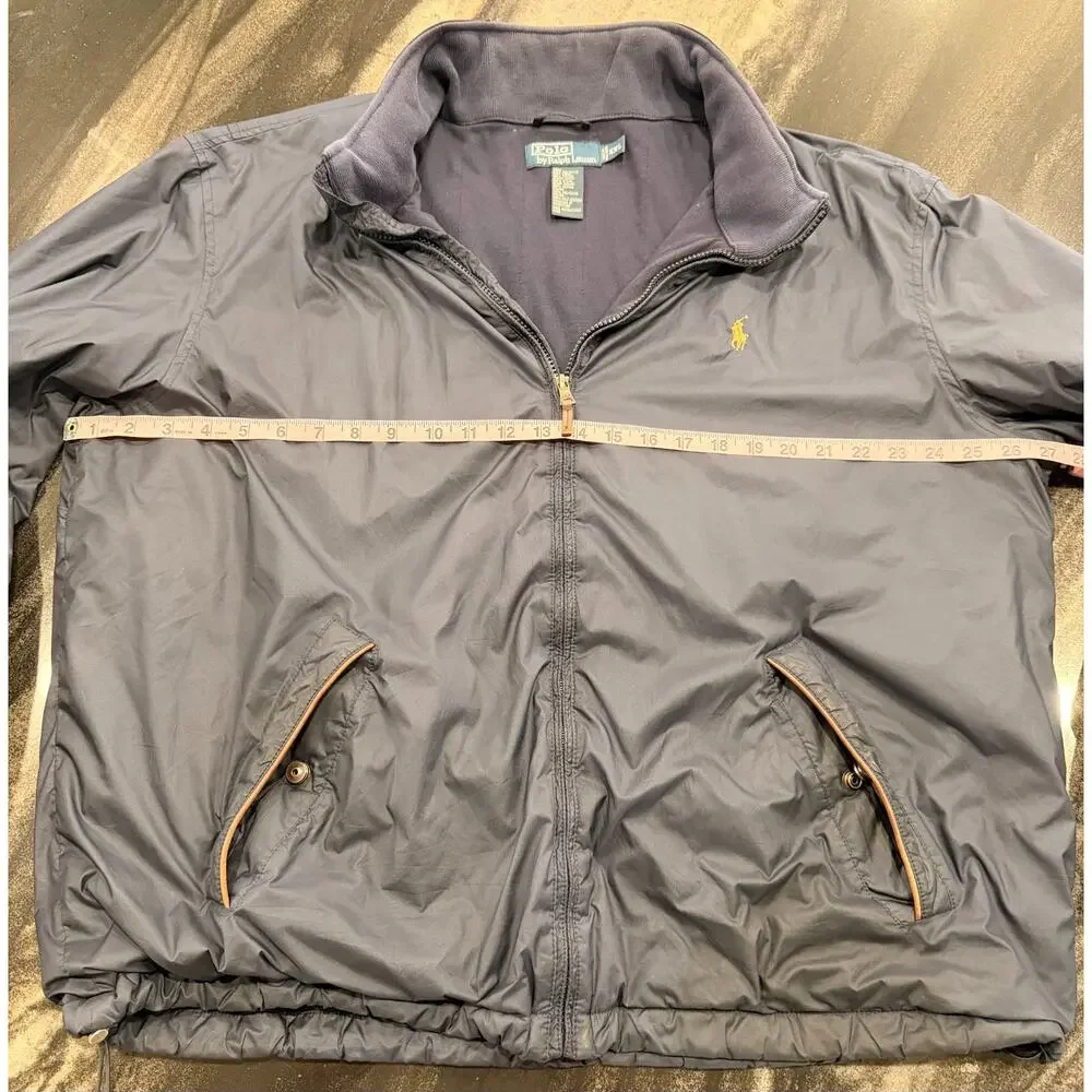 Polo Ralph Lauren Mens XXL Navy Windbreaker Jacket Zip Out Hood Leather Trim
